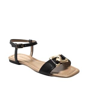 Aerosoles Yoyo Ankle Strap Leather Flat Sandals Black Gold Size 9